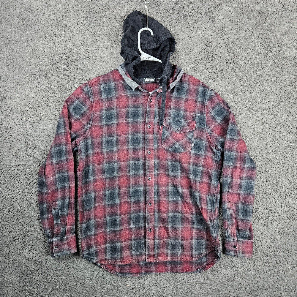 Vans Mens Hooded Flannel Shirt Medium Red Black Plaid Button Up Hoody
